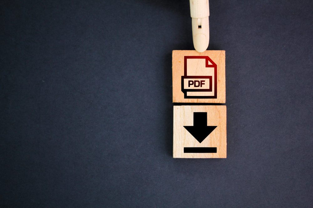 wooden square with PDF format file icon and download.